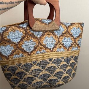 Handcrafted Patterned Tote Bag with Wooden Handles
